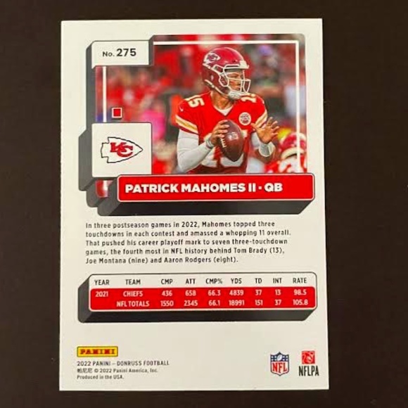 Patrick Mahomes II: Kansas City Chiefs, Quarterback 2022 Panini Donruss #275 - Picture 2 of 2